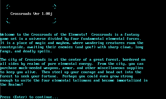 Crossroads of the Elements welcome screen