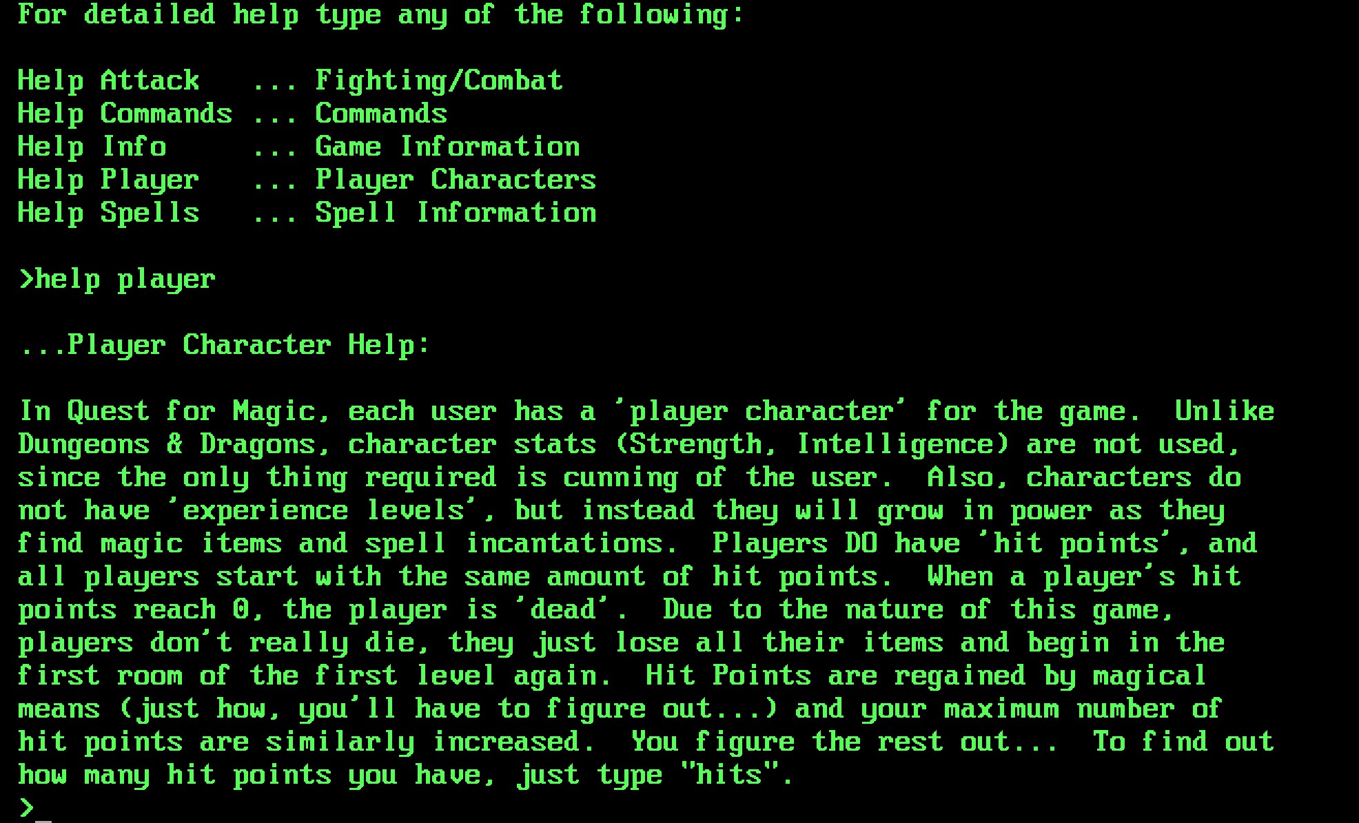 Quest for Magic help screen Quest for Magic help screen