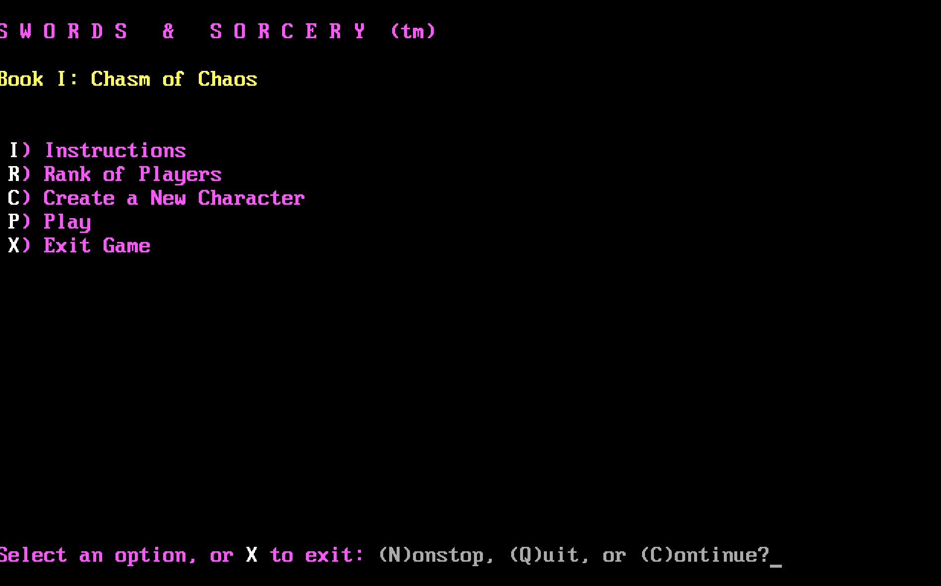 Swords & Sorcery main menu Swords & Sorcery main menu