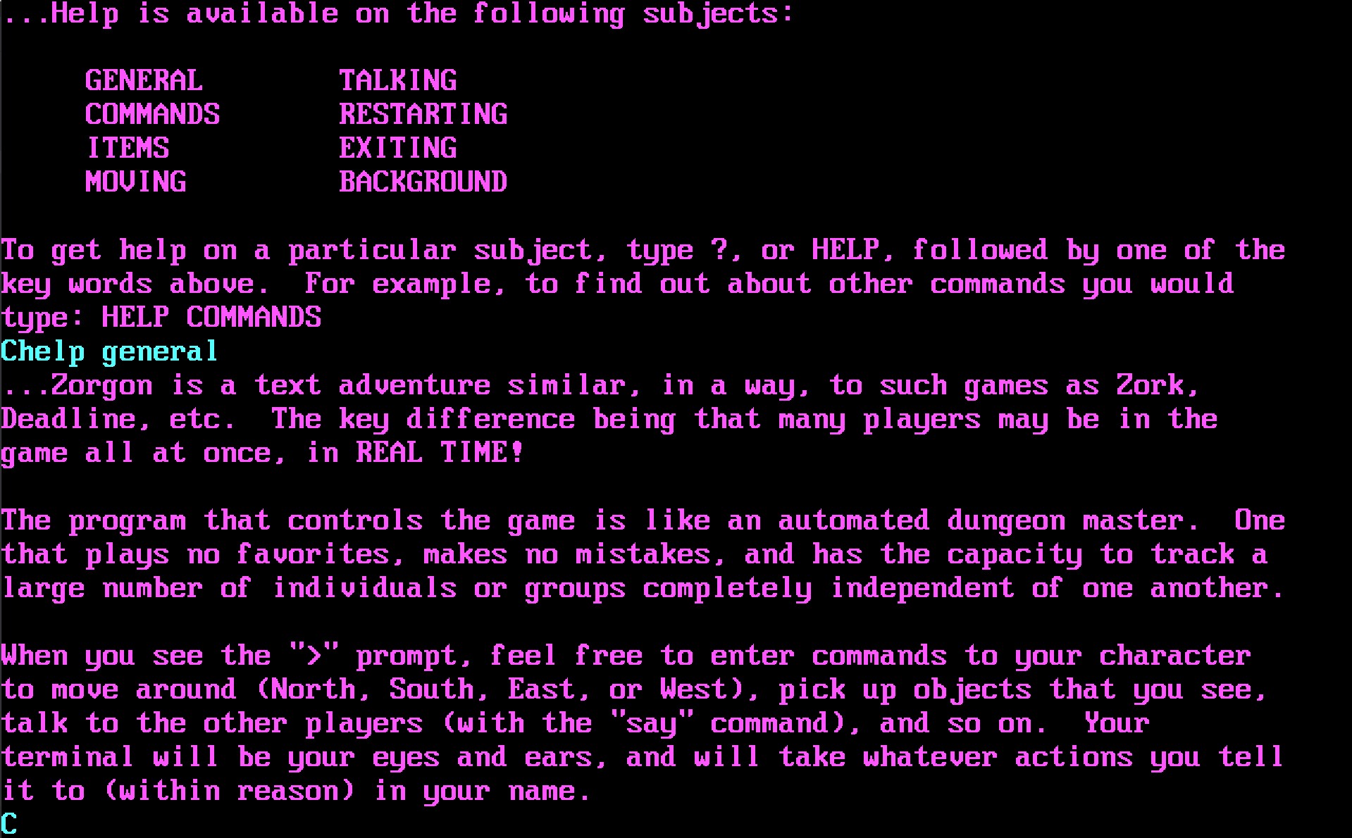 Zorgon help menu Zorgon help menu